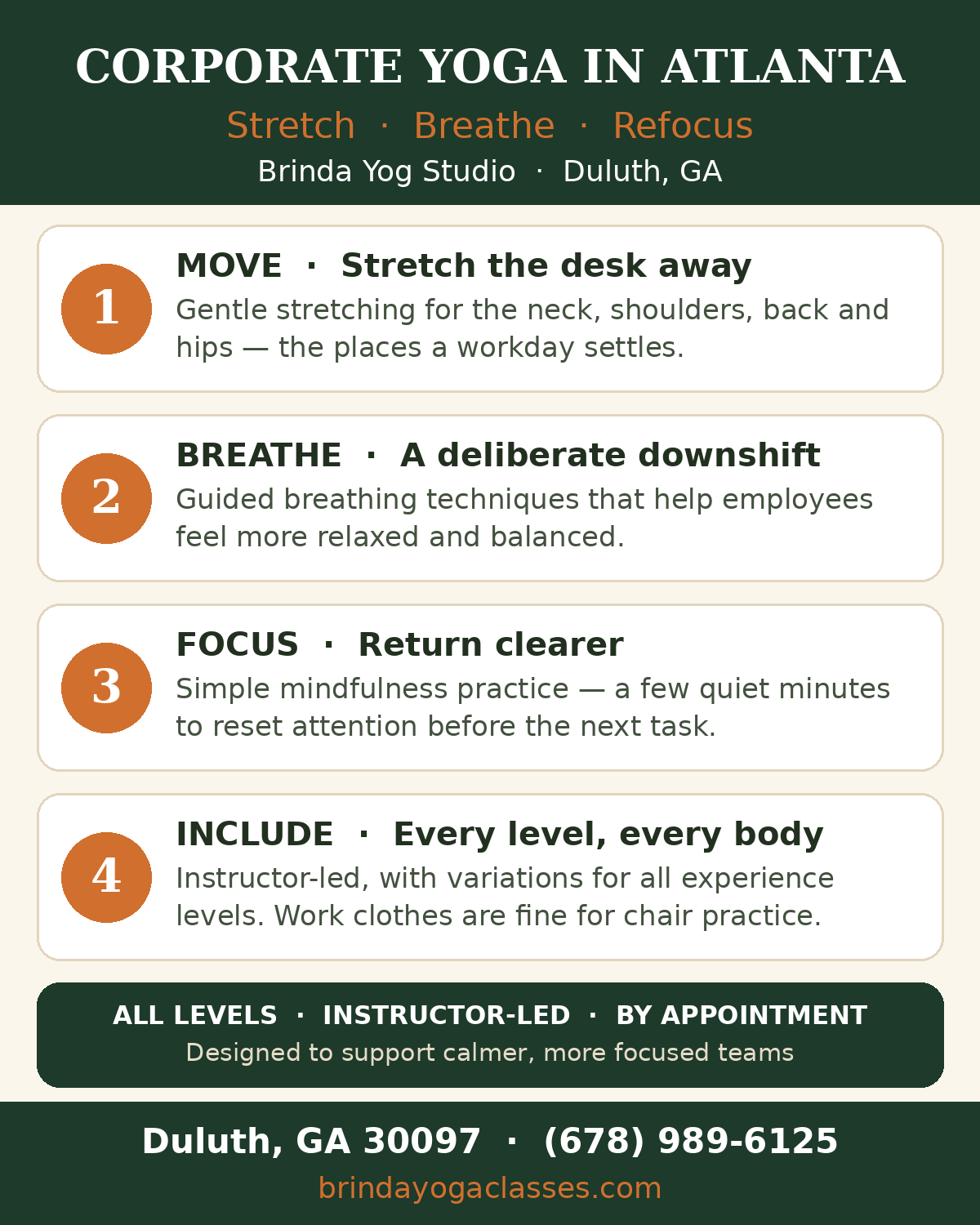 Corporate yoga in Atlanta — move, breathe, focus, include — a workplace session in four parts, Brinda Yog Studio, Duluth GA