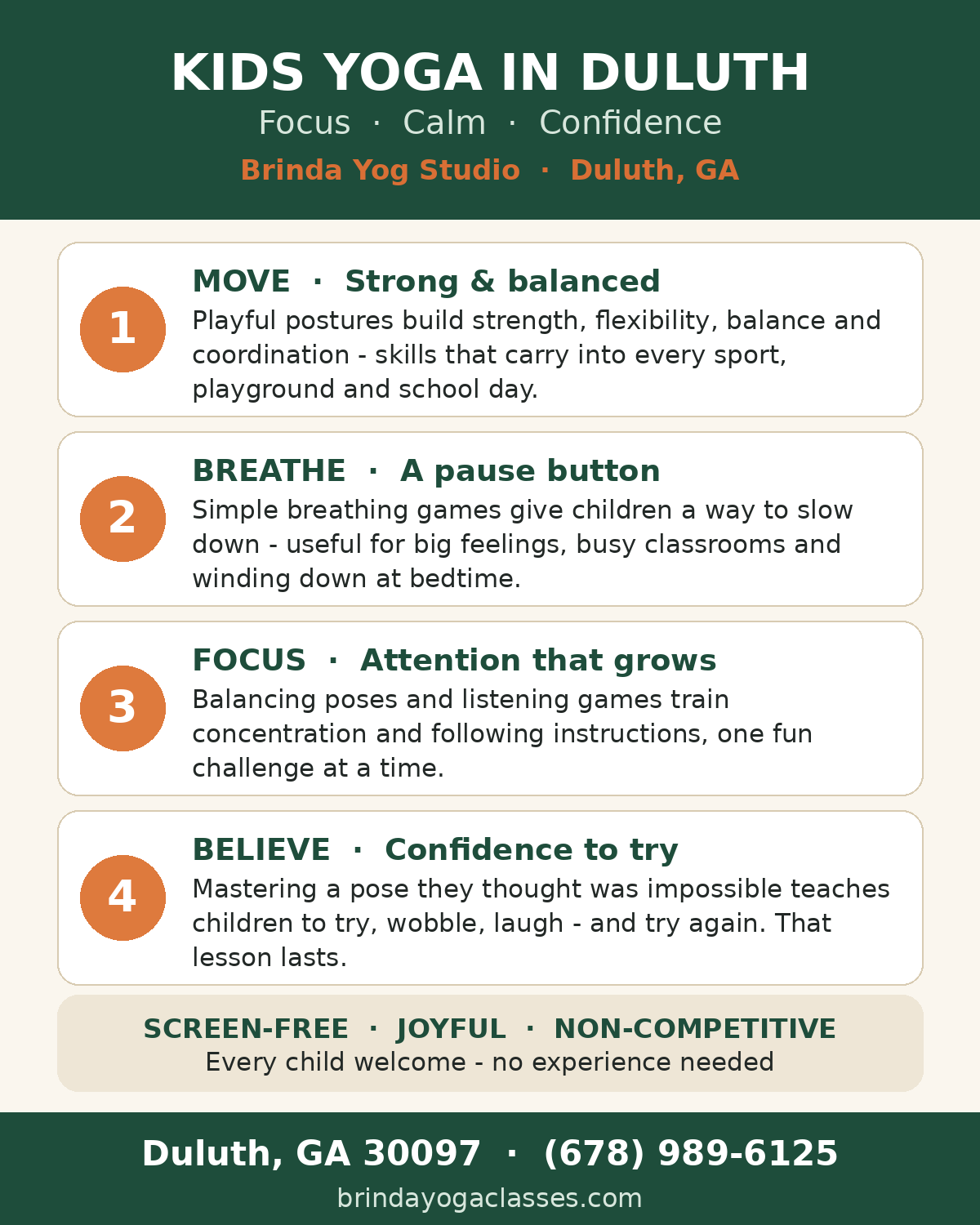 Kids yoga in Duluth — four building blocks: move, breathe, focus and believe — Brinda Yog Studio, Duluth GA