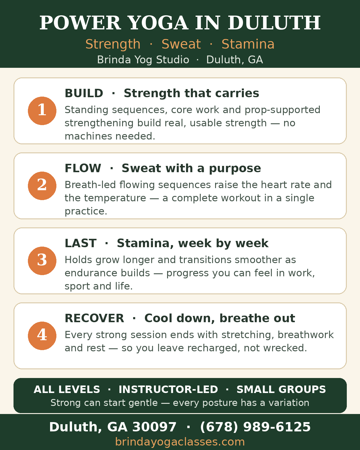 Power yoga in Duluth — build strength, flow for sweat, last for stamina, recover to finish — Brinda Yog Studio, Duluth GA