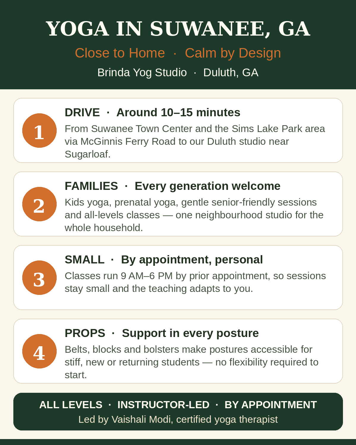 Yoga in Suwanee GA — drive, families, small classes, props — a neighbourhood guide from Brinda Yog Studio, Duluth GA